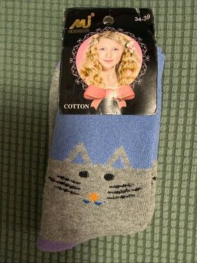 Source Unknown Blue and Gray Cat Face Cotton Socks